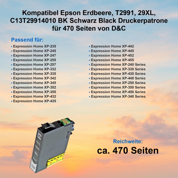 Kompatibel Epson Erdbeere, T2991, 29XL, C13T29914010 BK Schwarz Black Druckerpatrone für 470 Seiten von D&C