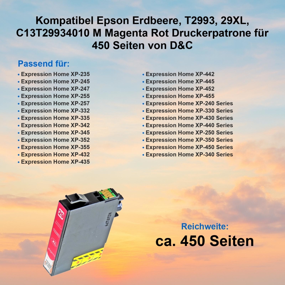 Kompatibel Epson Erdbeere, T2993, 29XL, C13T29934010 M Magenta Rot Druckerpatrone für 450 Seiten von D&C