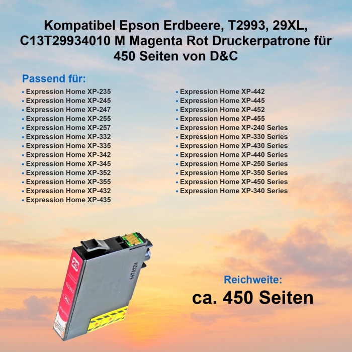 Kompatibel Epson Erdbeere, T2993, 29XL, C13T29934010 M Magenta Rot Druckerpatrone für 450 Seiten von D&C